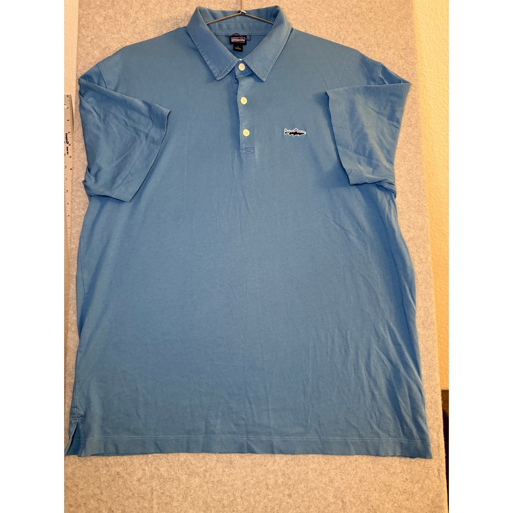Patagonia Mens Organic Cotton Short Sleeve Polo Shirt Blue Fitz Roy Trout Large